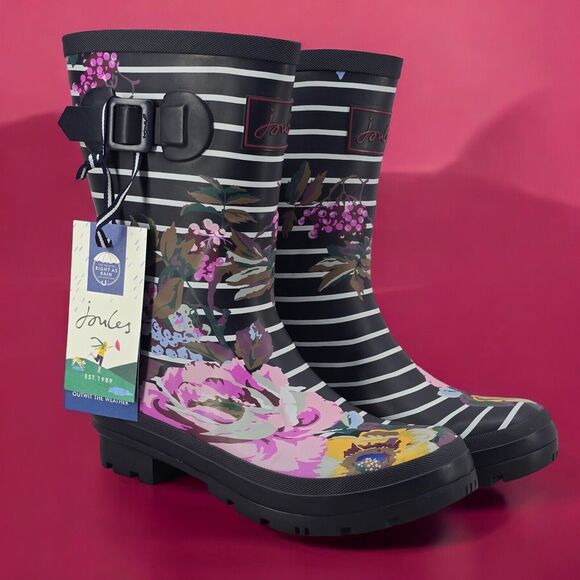 New Joules Rain Boots Mid Calf Molly Welly Stripe Floral Size‎ US: 6 UK: 4 - Picture 1 of 10